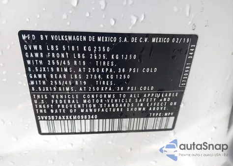 2019 Volkswagen Tiguan 2.0T Se/2.0T Sel/2.0T Sel R-Line/2.0T Sel R-Line Black из США, поврежденный, VIN 3VV3B7AXXKM098340